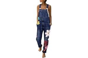 Onsoyours Mujer Baggy Impresión Peto Flores Jeans Mono Vaquero Pantalones Casual Sin Mangas Ajustable Correa Jumpsuit Overalls