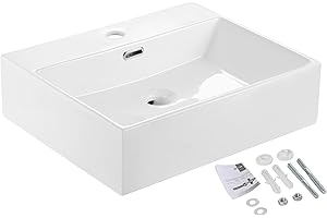 HOROW Lavabo en Céramique Rectangulaire - À Poser ou Suspendu pour Petits WC Invités - Blanc - 50,5 x 42 x 14 cm - Avec Trop-Plein et Valve de Vidange Pop-Up