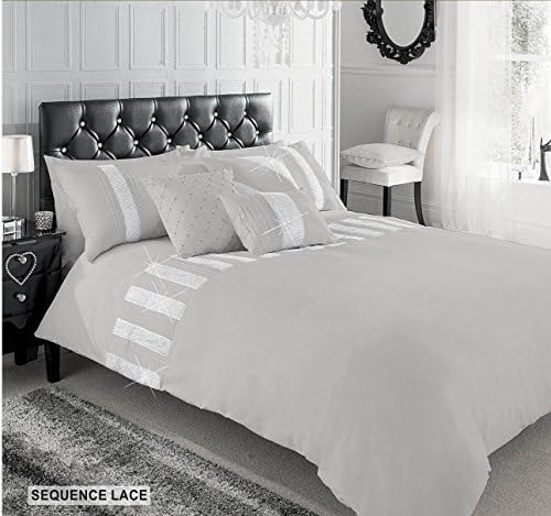 SUPERIOR COTTON DIAMANTE SEQUENCE LACE KING DUVET QUILT COVER BEDDING SET SILVER