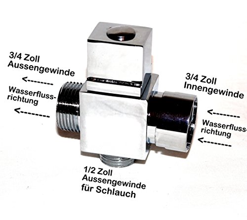 3-Wege Aufputz Umsteller Umschalt Ventil Umsellventil Umschaltventil 3/4 iG zu 3/4 AG mit 1/2 Zoll AG Ausgang für Schlauch Neu & OVP