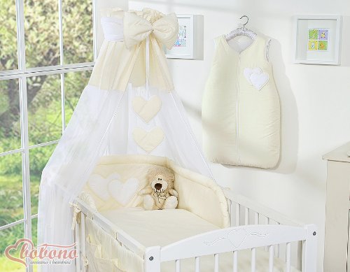 BEAUTIFUL NEW & QUALITY CREAM CANOPY / DRAPE / MOSQUITO NET with decorative BOW & HEARTS + DRAPE / CANOPY HOLDER MOSQUITO NET CLAMP ROD BAR POLE COT / COT BED