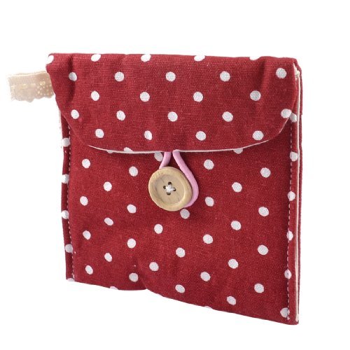 Women Rectangle Dotted Sanitary Towel Holder Bag Button Pouch Burgundy White