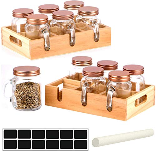 Gr8 Home Lot de 6 Mini bocaux à Shot en cuivre avec Couvercle à Visser Étiquettes Craie avec Plateau en Bois Support de Rangement de Cuisine