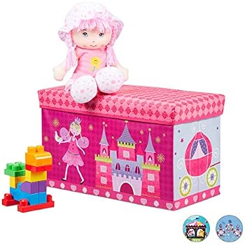 Tabouret Coffre De Rangement Relaxdays Pour Enfant - Motif Camion De Pompier Rouge - 50 Litres