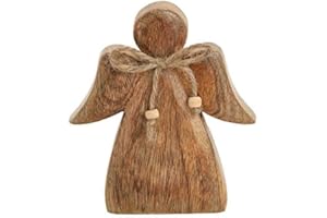 TEMPELWELT Figurka dekoracyjna anioł stróż stojący 13 x 15 cm, drewno mango lite brązowe, figurka aniołka drewniany anioł z kokardką