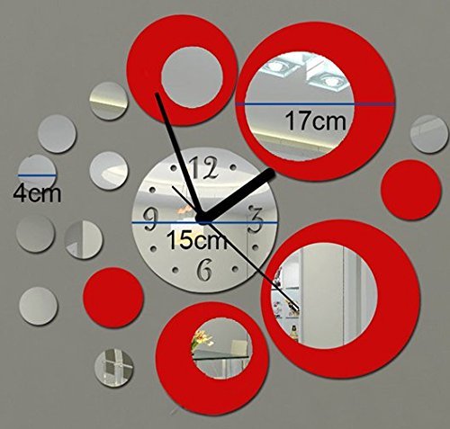 Itian Metall-Wanduhr mit Spiegeleffekt Dekoration, Modernes Design Wandaufkleber, für Wohn / Schlafzimmer usw. (Silber und Rot) - 2