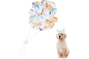 Qpets Small Dog Bunny Ear Sun Visor Hat with Chin Strap, Green Floral Pattern, Polyester, Summer, All Ages, Small Dogs,1 Count