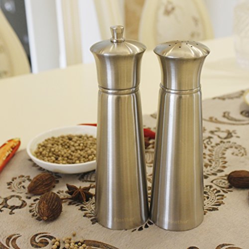 Finether Gewürzmühle und Gewürzstreuer 2 teiliges Set Salzstreuer/Pfefferstreuer Salzmühle/Pfeffermühle mit einstellbarem Keramikmahlwerk manuell aus Edelstahl leer FT-147 - 4