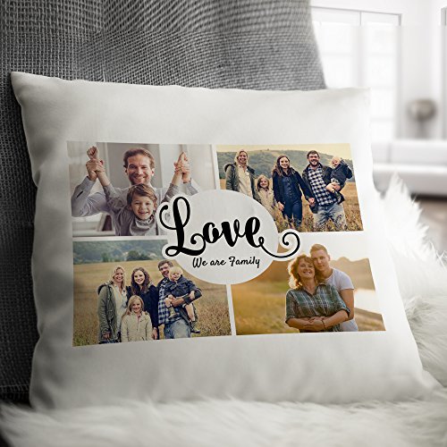 Personello® Fotokissen (40×40) Collage mit 4 Fotos, LOVE Schriftzug und Spruch „We are family“, Fotogeschenk, Kissen mit Text, inklusive Füllung und Reißverschluss - 2