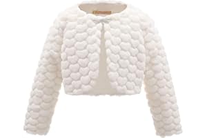 Mini Mart Online Limited Girls' Faux Fur Bolero Cardigan - Heart Pattern Design with Elegant Bow Clasp, Long Sleeve Shrug for Special Occasions, Weddings, and Parties