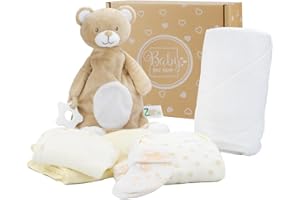 Baby Box Shop - 6 Articoli essenziali per neonati unisex, Regali ideali per la festa del nascituro, include un Piumino per Bambini, un asciugamano color Crema con Cappuccio, un Panno in Mussola, un bo