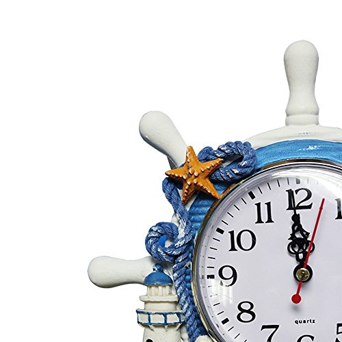 Mediterranen Stil dekorative Uhr, SHAYSON 9-Zoll-antike nautische Lenkrad Helm-Uhr mit Leuchtturm Beack Segelboot Dekoration - 2