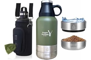 DAPPER MAXIMUS Stainless Steel Outdoor Portable Dog Water Bottle and Insulated Flask with Detachable Bowls, Multifunctional lid and Bottle Bag Holder with Built-in Poo Bag Dispenser - 32oz/910ml