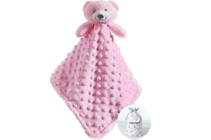 CREVENT Pluszowa kołdra polarowa dla niemowląt, dla chłopców i dziewczynek, przód w kropki z norek + spód sherpa z twarzą zwierzęcia (różowy niedźwiedź)