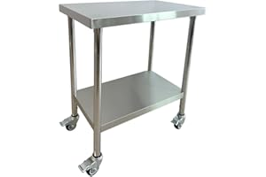 CAVATINY Mesa de trabajo de cocina de acero inoxidable, 76 x 46 cm, 4 ruedas giratorias con frenos, hasta 200 kg, mesa profesional de acero inoxidable, mesa de cocina para restaurante, cocina, bar