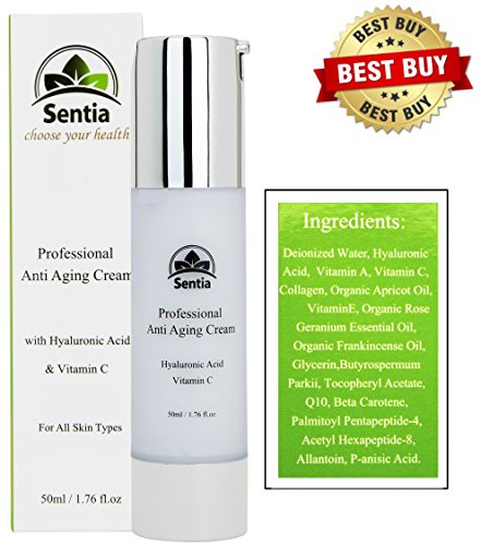 Sentia Professional Organic Anti Aging Face Cream. The Best Anti Wrinkle Ingredients - Hyaluronic Acid & Vitamin C Face Cream - For All Skin Types - Anti Ageing skin Cream, contains: Q10, Vitamin A, Vitamin C, Apricot Oil & much more - Conditions & Moisturises - Stimulates Collagen. Helps Reduce Wrinkles to Look Younger. A Natural skin conditioner & Antioxidant. A fabulous Anti Wrinkle Cream that Naturally Reduces the signs of Ageing.