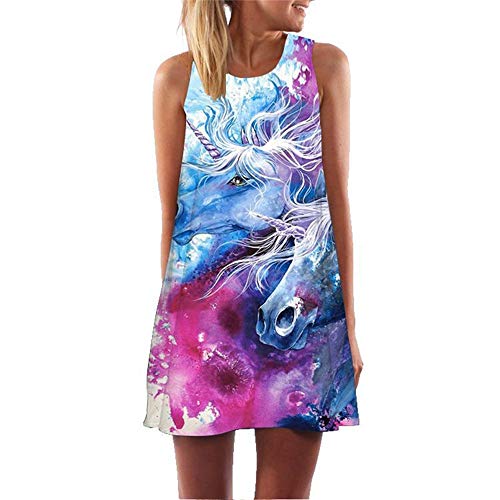 binglinshang Nouveau Vintage Licorne Robe 2019 sans Manches Une Ligne D'été Boho Style Court Beach Party Mini Robe Dames en Mousseline De Soie Robe Robe, XXL