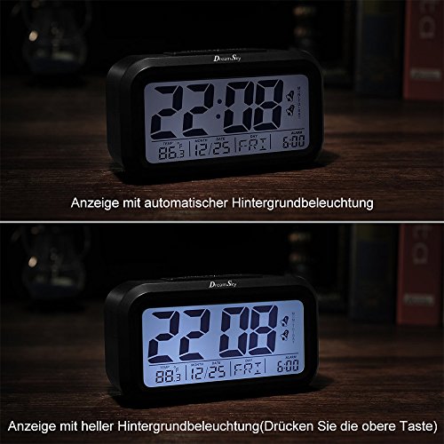 DreamSky Digitalwecker „Dual Alarm“, zwei Weckzeiten, laut, ansteigender Weckton, sensorgesteuerte Nachtlichtfunktion, Schlummerfuntion, Uhrzeit, Datum und Temperaturanzeige, vier Alarmmodi, großes LCD Display, Batteriebetrieb, Schwarz - 6