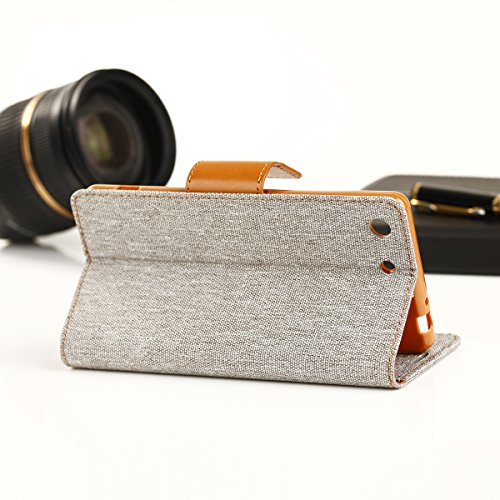 EGO   Luxury Bookstyle Handy Tasche mit praktischer Aufstellfuntkion f  r Sony Xperia M4 Aqua Grau Flip Case Magnetverschluss Book Cover mit Kartenfac