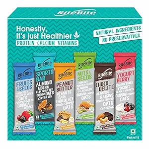 RiteBite Max Protein Nutrition Assorted Bar,375g (Choco Delite-1*40g, Yogurt Berry-1*35g, Peanut Butter-2*40g, Fruits & Seeds-2*35g, Nuts & Seeds- 2*35g, Sports Bar-2*40g) (Pack of 10)