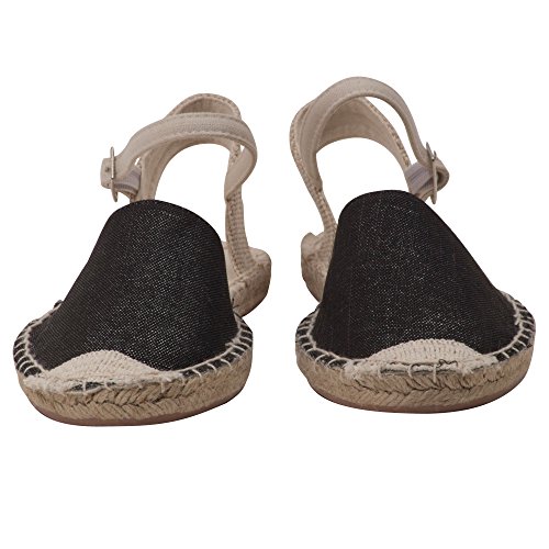Japanwelt Damen Espadrilles Glitzer Canvas Sandalen Offen mit Riemchen Sommerlatschen Leinen Schwarz Beige Größe 39 - 3