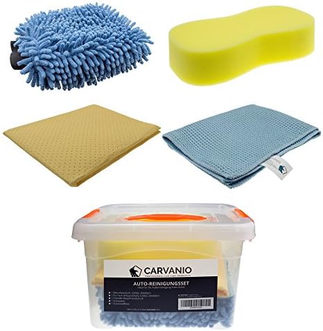 CARVANIO Car Cleaning Kit 5 pieces (Box with Car cleaning kit, 5 pieces (box with sponge chenille washing gloves, micro-fibre cloth, PU cloth), maintenance kit for car and motorbike, car wash.