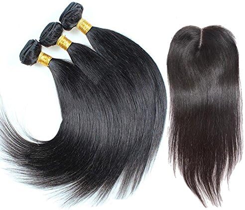 Ohlees® 300g/lot 7A Women's Unprocessed Brazilian Straight Human Hair Extensions Real Virgin Hair Remy Natural Color Premium Weave 3 Bundle weft + 1 pcs Lace frontal Closure 4*4