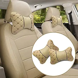 Detachi Multipurpose Car Travel Neck & Head-Rest Support Pillow Cushion Relief Cervical Shoulder Pain Issues for Universal Driver & Passenger Seat in Travel or Office Chair (Beige-2 Pack)