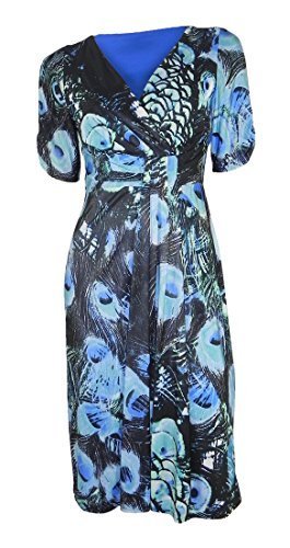 Marks & Spencer Per Una Blue, Black & Green Print Stretchy Dress with Rouched Detail at Waist (Size 12 med)