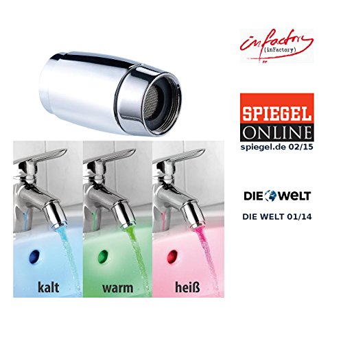infactory Dynamo-LED- Wasserhahnaufsatz mit Strahlregler, leuchtet blau/grün/rot