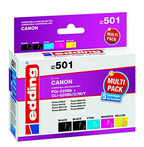 edding 18-501 Druckerpatrone EDD-501, 2xblack und CMY, Ersetzt:Canon PGi-525Bk und CLi526Bk-Y