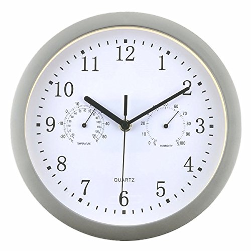 Foxtop 10 Zoll ohne Ticken Wanduhr mit Thermometer und Hygrometer, silber
