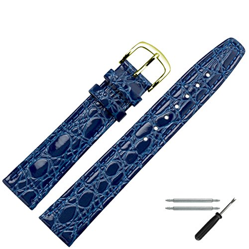 Uhrenarmband 18mm Leder blau Prägung, Kroko, mit Naht - inkl. Federstege & Werkzeug - Lederarmband mit gleichfarbiger Naht - Ersatzband für Uhren mit Krokoprägung - Marburger seit 1945 - blau / gold Uhrenarmband 18mm Leder blau Prägung, Kroko, mit Naht - inkl. Federstege & Werkzeug - Lederarmband mit gleichfarbiger Naht - Ersatzband für Uhren mit Krokoprägung - Marburger seit 1945 - blau / gold