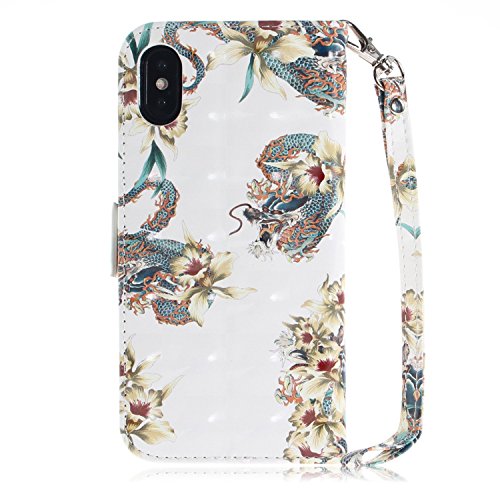 Chreey iPhone X Hülle, Brieftasche Case 3D PU Leder Handyhülle mit TPU Innenschale Kartenfächer Magnetverschluss Schutzhülle, Drache