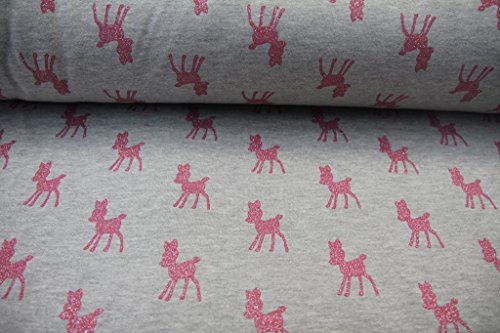 Stoff / Kinder/ Meterware / ab 25cm / beste Sweat-Qualität / Winter-Sweat Glitzerrehe pink auf grau meliert