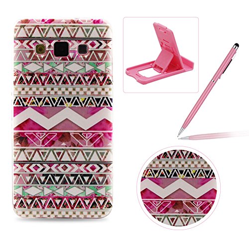 Samsung Galaxy A3(2015 Modell) Hülle Silikon Schutzhülle Tasche Case,Weiches Silikon TPU Gel Bumper Case Etui Schale Cover Skin,Herzzer Modisch Hochwertig Ultra Dünn Slim Thin Bunt Handytasche Mit [Rosa Tribes Muster] Guter Schutz Kratzfest Flexibel Leicht Gummi Rubber Jelly Soft Protective Stabil Handyhülle Schutztasche Back Cover Case Shell für Samsung Galaxy A3(2015 Modell) + 1 x Frei Rosa Handy Halterung Ständer + 1 x Frei Rosa Touch Pen Stift Stylus