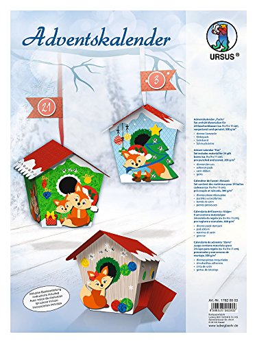 Ursus 17820003 – Adventskalender Fuchs, Set mit Materialien für 24 Geschenkboxen in 3 verschiedenen Motiven, je ca. 9 x 9 x 11 cm, aus Fotokarton, inklusive Zubehör, zum Befüllen und Verschenken
