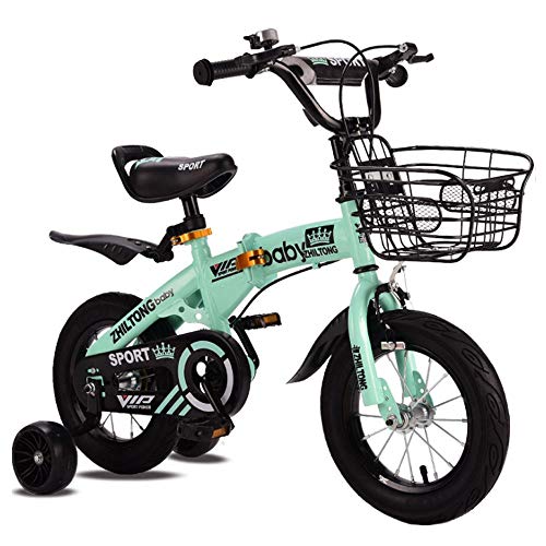 KY Bicicleta Infantil Bicicleta Girl'skids Niño 3 Colores del Muchacho, 12", 14", 16", 18" con Estabilizadores, Botella De Agua Y Soporte. (Color : Green, Size : 12inch)
