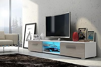 Selsey Meuble TV EDITH/ Cabinet pour la TV/ éclairage LED (blanc mat/ fronts brun clair mat)
