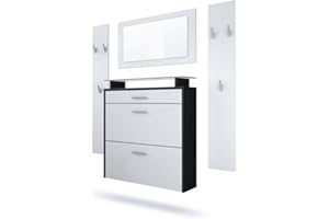 Vladon Garderobe Malea, Garderobenset bestehend aus 1 Hängeschuhschrank, 1 Wandspiegel und 2 Garderobenpaneele, Schwarz matt/Weiß matt