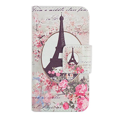 Hülle Galaxy J1 2015 Rosa Leder Etui,Moon mood® PU Leder Schutzhülle für Samsung Galaxy J1 (4.3 Zoll)(Not for Samsung Galaxy J1 2016) TPU Innere 3 Kartenfächer Bunte Malerei Standfunktion Handytasche (Paris Eiffelturm Pink Blume Spiegel) - 2