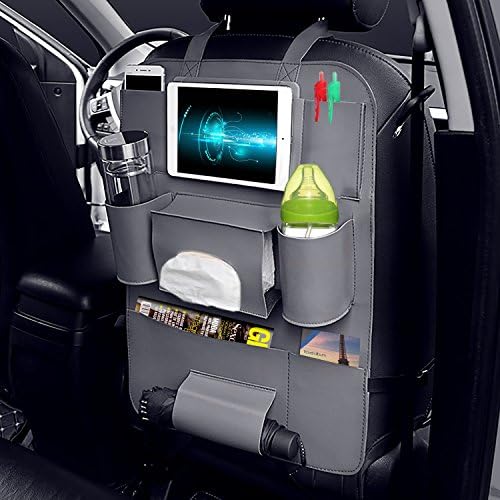 Eunicom 5 Color Option PU Leather Car Seat Back Organizer AutoMuko iPad and Tablet Holder Fit Most Vehicles,Backrest Pocket for Children, Kick Mat and Car Organizer (Gray)
