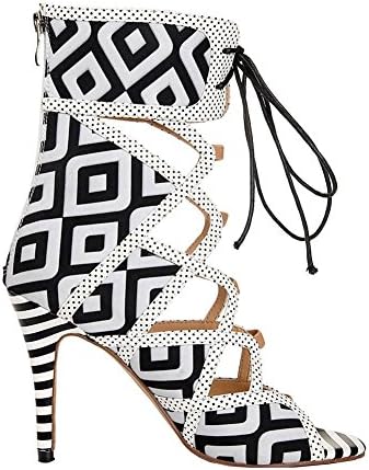 Women Sandals Boots Thin High Heels Leather Handmade Nightclub Evening Party Office Working Pumps Zipper Shoes . Black White . 34