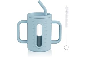 HOTUT Silikonowa filiżanka z dzióbkiem, szklany kubek z silikonowymi osłonkami, słomki i słomka, kubek do picia dla dzieci, 210 ml, z 2 uchwytami, zdejmowany kubek dla małych dzieci, niebieski