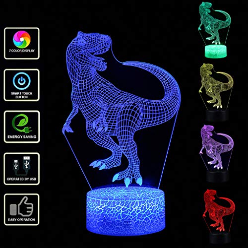 CHshe Lámpara de luz nocturna LED de dinosaurio 3D, 7 colores cambiantes, lámpara de escritorio para niños, regalo de cumpleaños, Navidad, juguetes para niños (blanco)