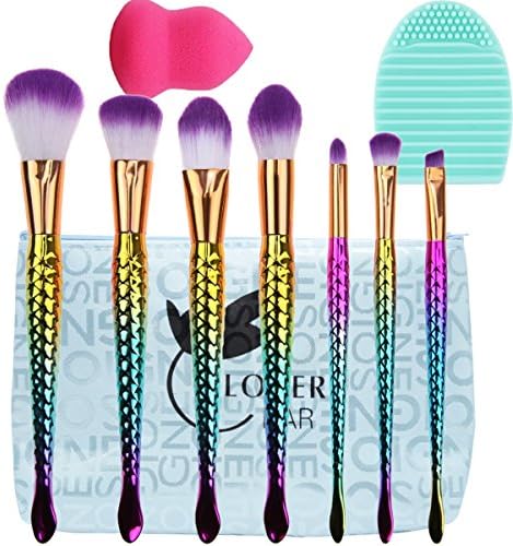 Mermaid Make Up Brushes Set, Lover Bar 7pcs Makeup Brushes+Beauty Cosmetics Blender Sponge+Brush Cleaner-Colourful Face Powder Blusher Cream Contour Concealer Highlighter Angled Eyebrow Eyeshadow Brush