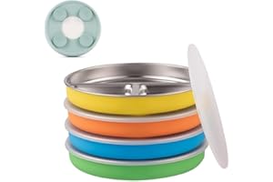 Elk and Friends Kids Stainless Steel Divided Plates with Silicone Suction Sleeves + Lid | Suitable for Babies/Toddlers | Dishwasher Safe | Stay Put Dinnerware | Snack Dishes | 4 Pack