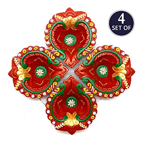 Paquete de 4 lámparas de Aceite de Arcilla Decorativas Naturales Hechas a Mano con Forma de Flor y Redonda, para decoración del hogar, Oficina, Terracota, Set of 4 Diya Design -4