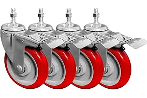 FactorDuty 5 Inch RED Caster Wheel with Brake Dual Locking 3/8"-1.2" Threaded Stem Mount Caster Wheel Polyurethane Wheels Premium Non Marking No Noise 350LB Per Wheel Heavy Duty (Pack of 4)