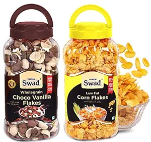 Swad Corn Flakes & Choco Vanilla Flakes (Wholegrain Chocos Breakfast Cereal Kids) 2 Jars, 620 g